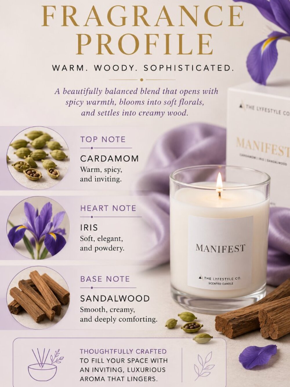 The Lyfestyle Co Manifest 8 oz Candle Cardamom Iris Sandalwood Luxury NIB - Picture 2 of 5